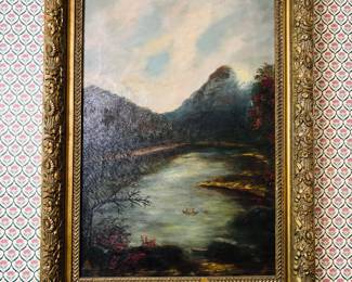 Oil on Canvas Lake Scene in Beautiful Frame