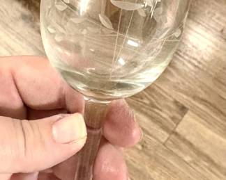 Vintage Wine Glasses, Etched Flower and Leaves.