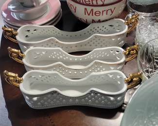 Vintage Porcelain Reticulated Serving Trays with Dragon Handles