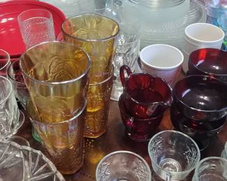 Amber Glass Leaf Embossed Tumblers and Ruby Red Glassware Set