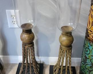 Pair of Vintage Twisted Metal and Glass Hurricane Candle Holders