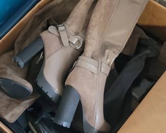 Womens Taupe Suede Faux Leather OvertheKnee Boots with Chunky Heels