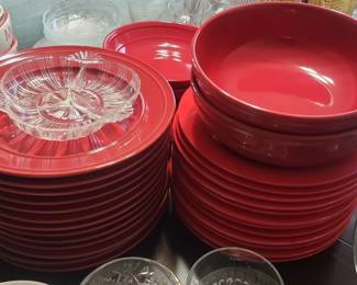 Red Dinnerware Set with Glass Relish Dish