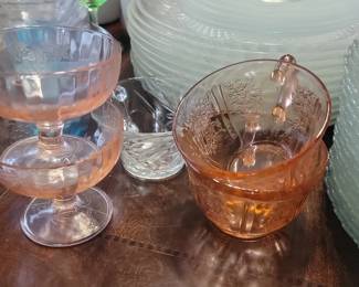 Federal Glass Sharon Cabbage Rose Pink Depression Glass Sherbet Cups and Bowl
