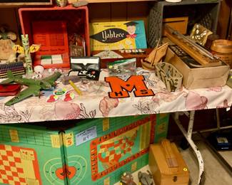 Vintage 1950’s game table for children, old school skates, models games and more