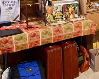 Vintage hard luggage, pop up books, doll bed, selection of dolls