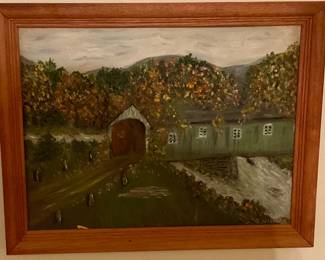 Oil painting Covered bridge from New England area