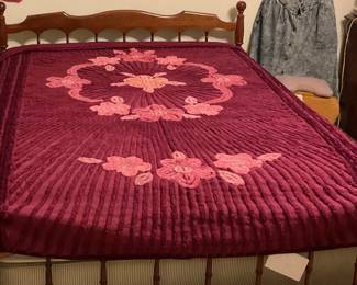 Vintage pristine condition chenille bedspread in burgundy with pink floral spray