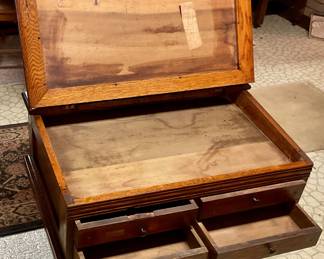Antique oak spool cabinet, open