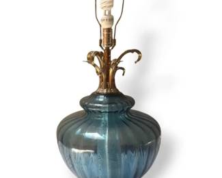 Vintage Blue Glass Table Lamp w Ornate Metal Details
