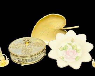 Lenox Signed Floral Dish, Mini Lucite Candle Sticks and Brass Decor