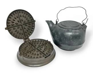 Vintage Cast Iron Waffle Iron And Tea Kettle Late 19th Century Early 20th