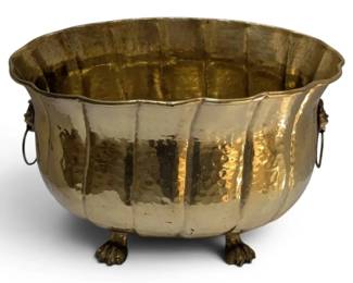 Hammered Brass Planter w Lion Head Handles Paw Feet