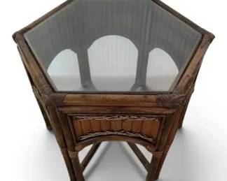 Rattan Hexagon Side Table w Glass Top