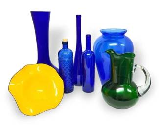 Cobalt Blue Textured Bottle, HandBlown Art Glass Bowl, Pitcher, More