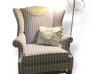 Gray Plaid Wingback Chair w Metal Floor Lamp