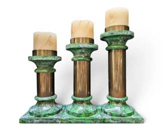 Three Green Column Candleholders w Candles