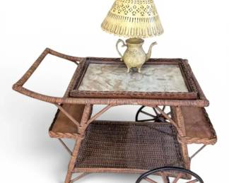 Wicker Tea Cart With A Removable Glass Serving Tray Lamp