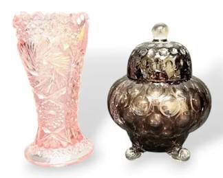 L.E. Smith Pink Iridescent Sawtooth Vase Purple Blown Glass Dish