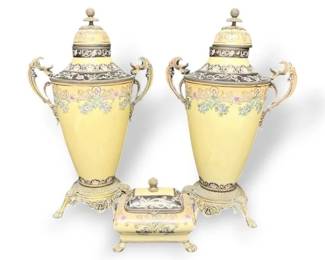 French Style Ornate Porcelain Gilt Urns