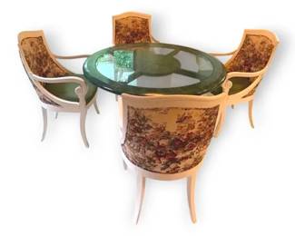 Vintage Green Glass Top Dining Table 4 Floral Upholstered Chairs
