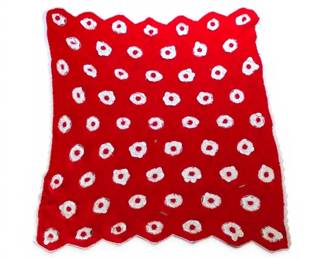 Red Crochet Throw Blanket w White Flowers