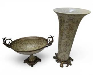 Ornate Green Floral Brass Porcelain Pedestal Bowl and Vase