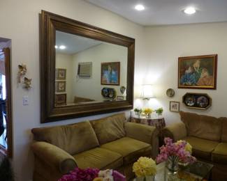 Selection of large decorative hanging mirrors, bric-a-brac, sofa & loveseat