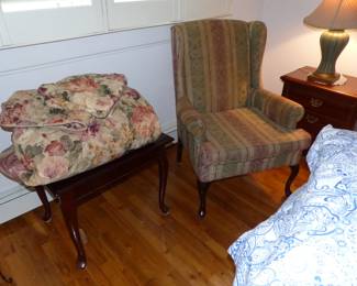 Side table, bedding, wing chair