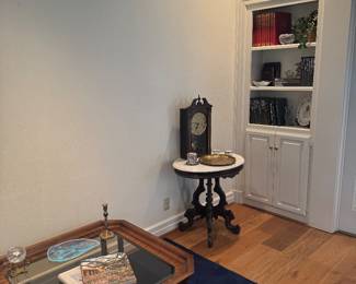 Glass top coffee table and antique marble top table , antique clock