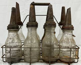 8 Emb. Glass Oil Bottles with Metal Spouts and Rack