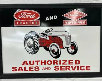 Emb. Ford Tractor and Dearborn Farm Equipment Sign in Wooden Frame, 38in x 26in