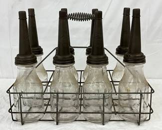 8 Glass Oil Bottles with Metal Pouring Spouts and Wire Carrying Rack
