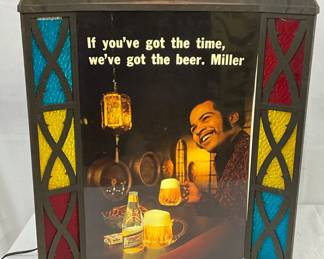 Miller Beer Light-Up Plastic Sign - with Stained Glass-Style Panels 17×21 