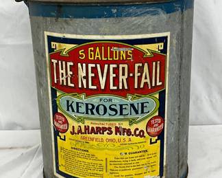 Early 5g. J.A. Harps Mfg. Co. Kerosene Can