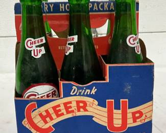 Cheer Up Soda Six-Pack with Cardboard Carrier and Glass Bottles