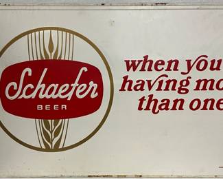 Schaefer Beer Metal Sign with Wood Frame Back, 58in x 35in