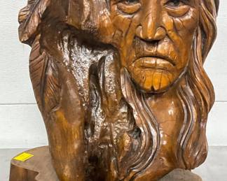 Carved Wooden Bust of Native American Figure, 17in x 19in