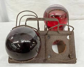 Early Red Glass Fire Balls w/ Metal Holder, 9 x 5