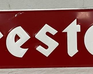 Emb. Firestone Red and White Metal Sign, 48″ x 10″