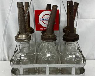 Standard Motor Oil Glass Bottles with Metal Spouts in Carrier, 6-Pack, 14″ x 18″