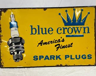 Emb. Blue Crown Spark Plugs Metal Sign, 24in x 15in