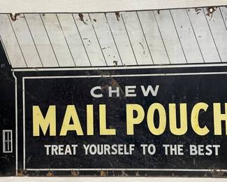Chew Mail Pouch’ Metal Sign with Barn Shape and wooden framed back,  56in x 35in 