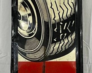 Emb.‘Hood Tires and Tubes’ Sign, Metal w/Wood Backing, 18×70