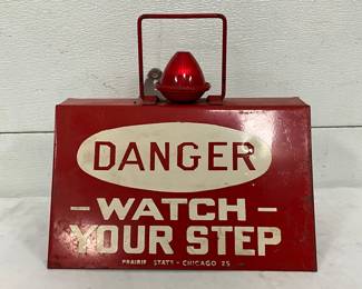 Metal “Danger Watch Your Step” Sign With Red Warning Light, 11in x 7in