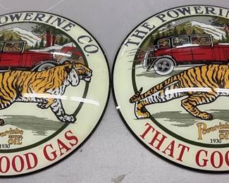 (2) ‘The Powerine Co’ Gas Pump Lenses, Featuring Tiger and Automobile, 15 inches, Pair 