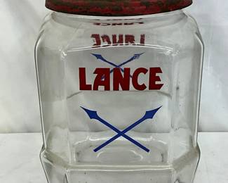 Early Lance Glass Jar with Red Metal Lid, 8×11 Inches