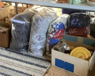 Bedding, vintage suitcases & more