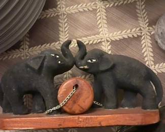 Vintage Carved Ebony Wood Elephant Pair with Orb