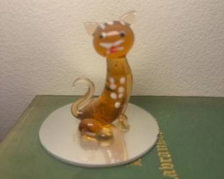 Amber Glass Cat Figurine with White Spots